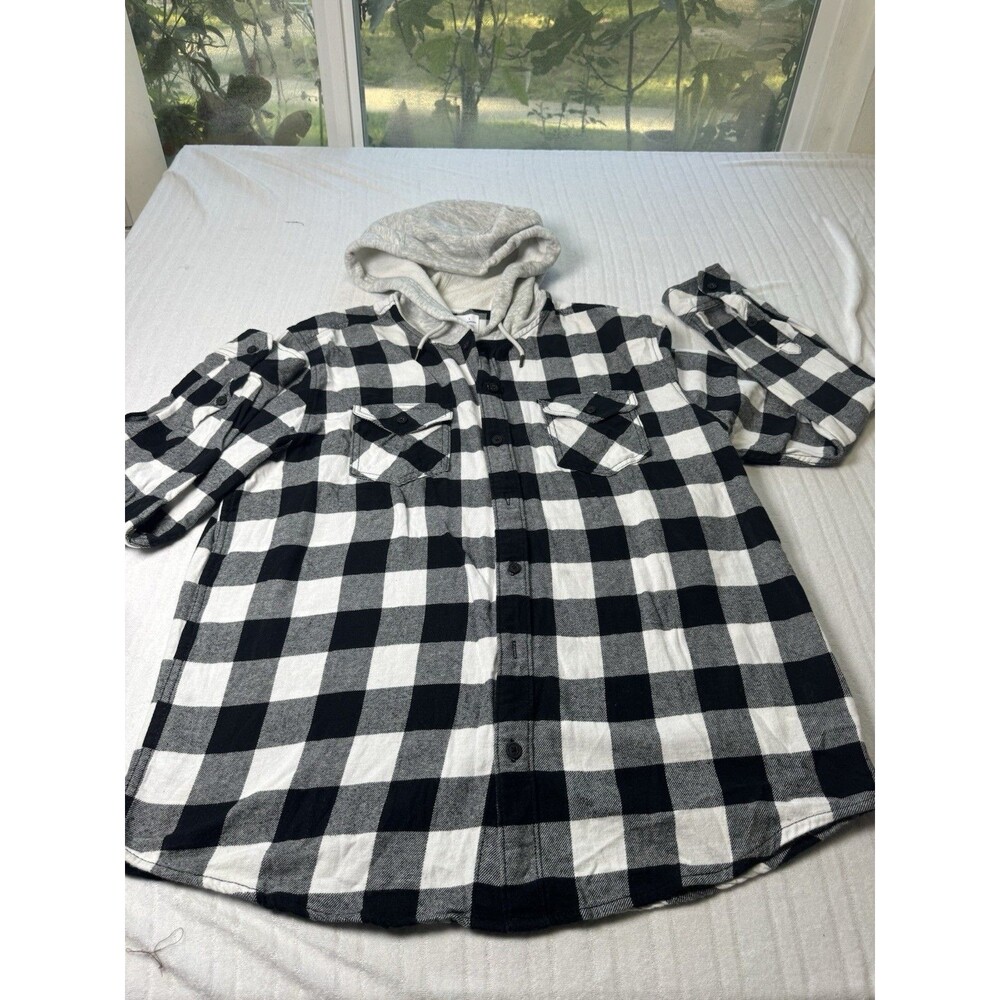 Hurley Men’s Hooded Flannel Shirt Black White Plaid Size L Long Sleeve
